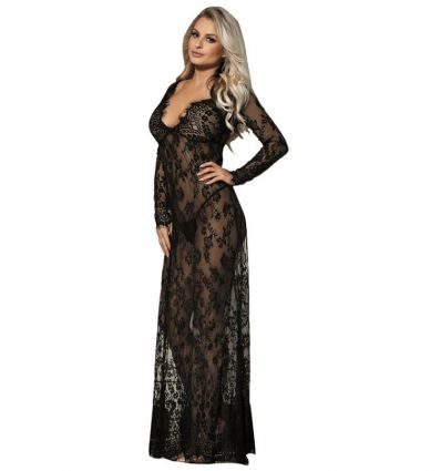Robe longue dentelle noire à manches longues Subblime