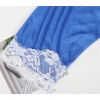 Peignoir court satin bleu saphir et dentelle blanche