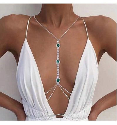 Collier poitrine argentée et zircone vert
