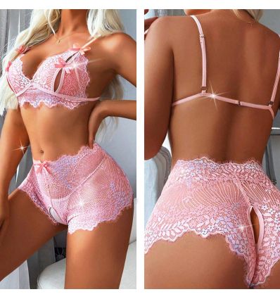 Brassière et shorty ouvert rose pastel