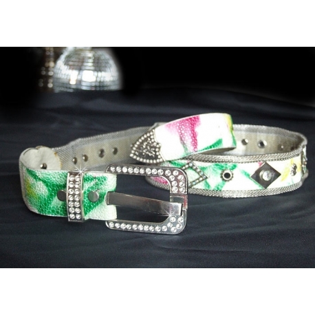 Ceinture simili cuir blanche multicolore strass et argent 