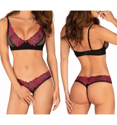Ensemble lingerie sexy noir et rose fushia