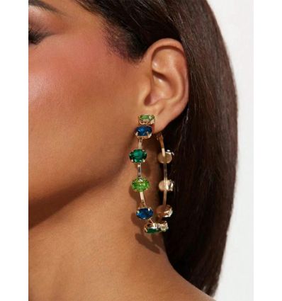 Grandes créoles femme doré strass vert et bleu