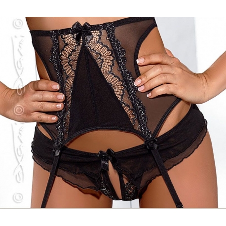 Porte-jarretelles serre-taille noir tulle et dentelle argentée Axami