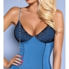  Nuisette moulante stretch bleu et fine dentelle avec string assorti