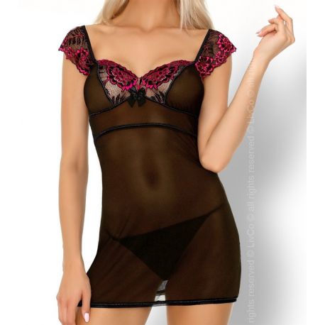 Nuisette voile noir dentelle rose décolletée 