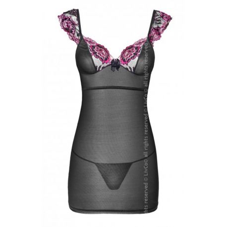 Nuisette voile noir dentelle rose décolletée 